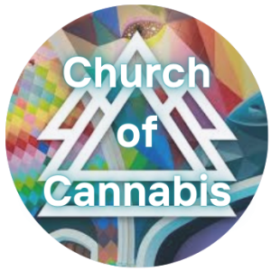 Church of Cannabis Logo on top of a colorful circle