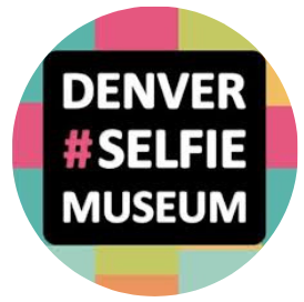 Denver Selfie Museum Logo on black square background on top of colorful circle