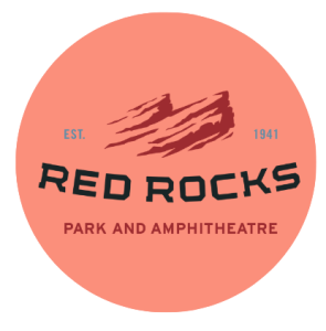 Red Rocks Park and Amphitheater logo with imagery of two red rock formations on a peach circle