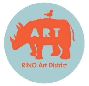 RiNo Art District logo in orange on a blue circle