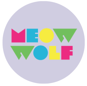 A light purple circle with the Meow Wolf logo